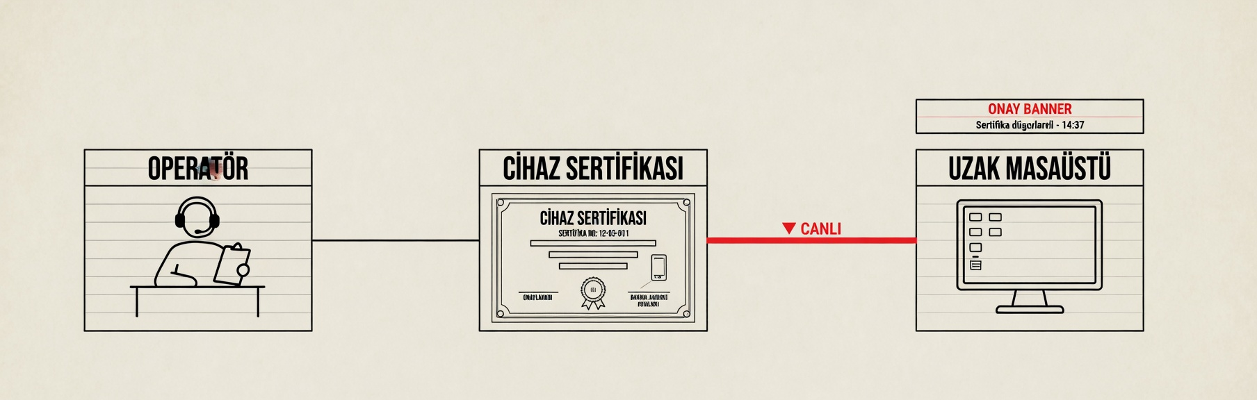 Operatör, cihaz sertifikası ve uzak masaüstü arasında CANLI bağlantı paftası